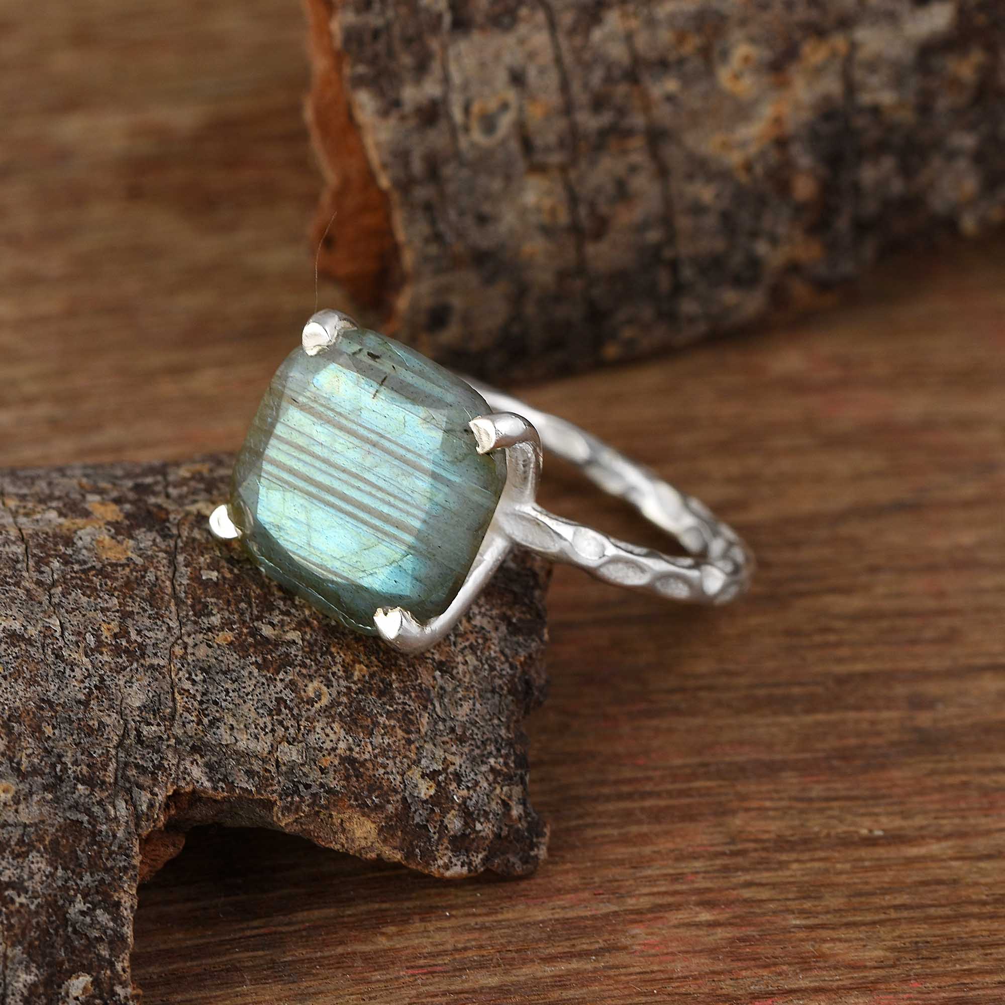 Cushion-Cut Labradorite Silver Ring