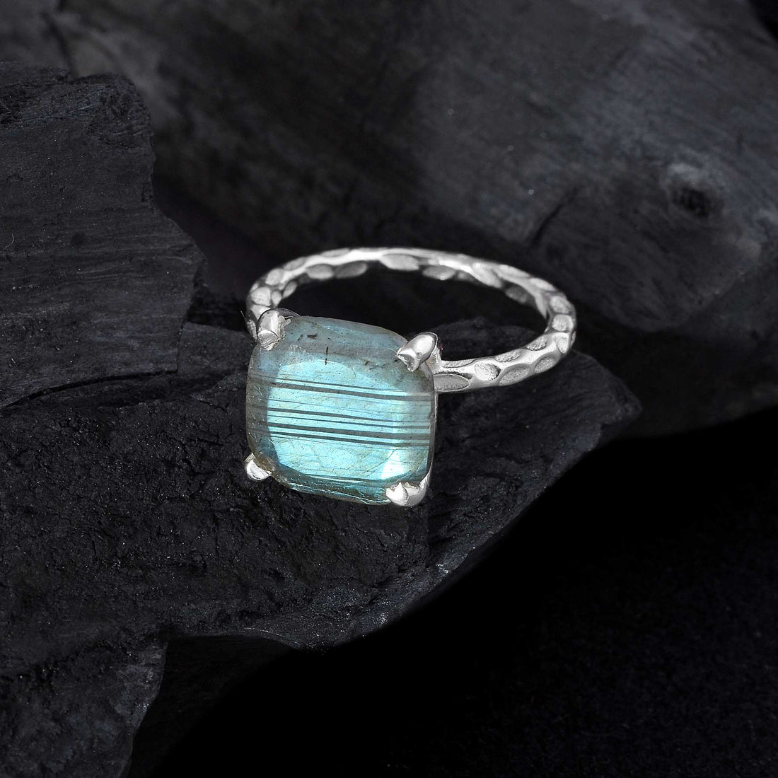 Cushion-Cut Labradorite Silver Ring