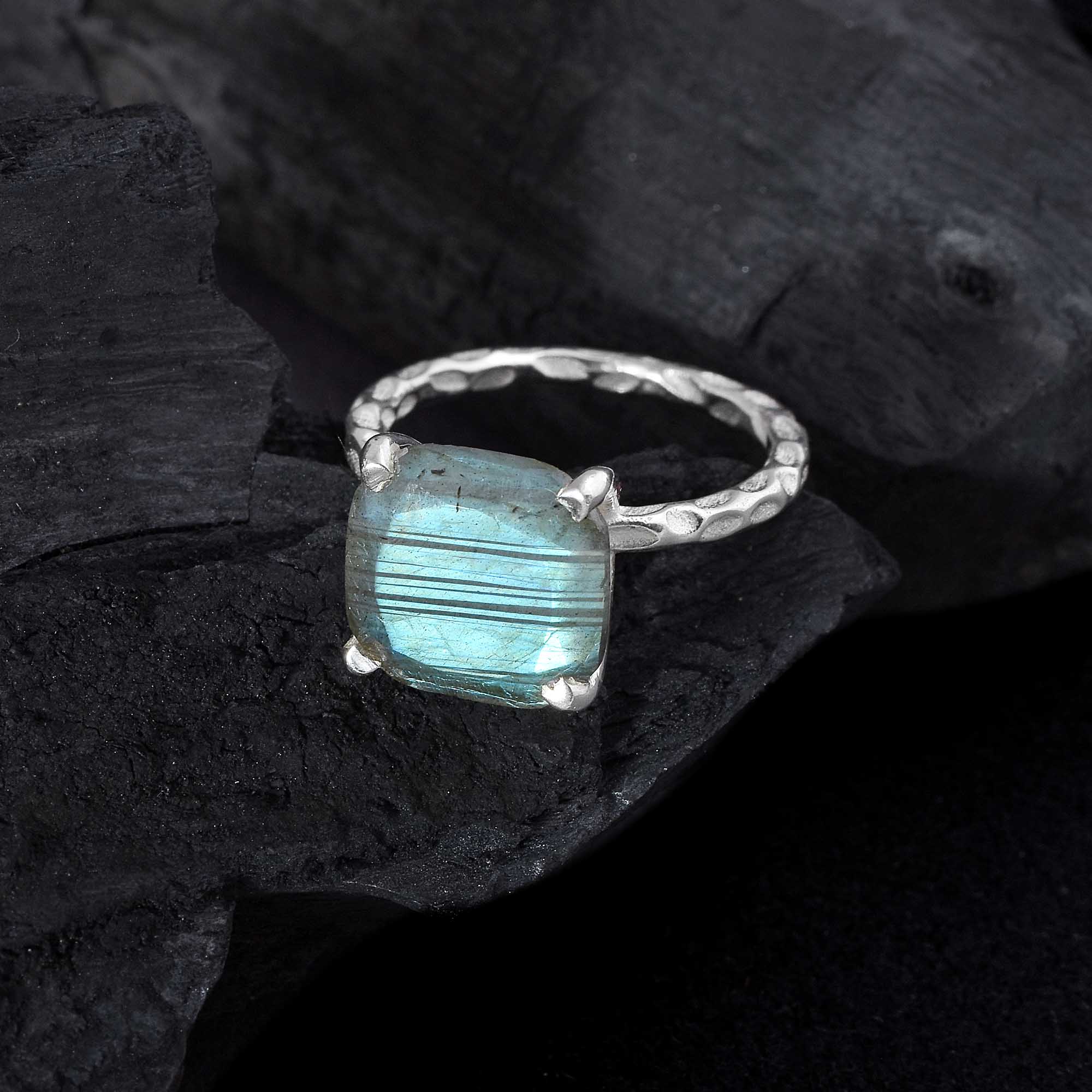Cushion-Cut Labradorite Silver Ring