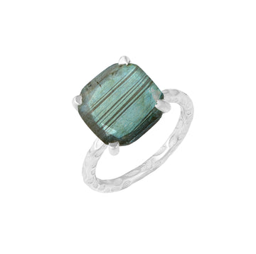 Cushion-Cut Labradorite Silver Ring