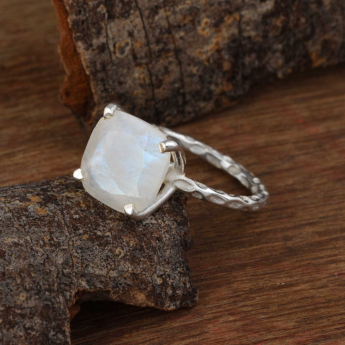 Luminous Moonstone Hammered Band Ring