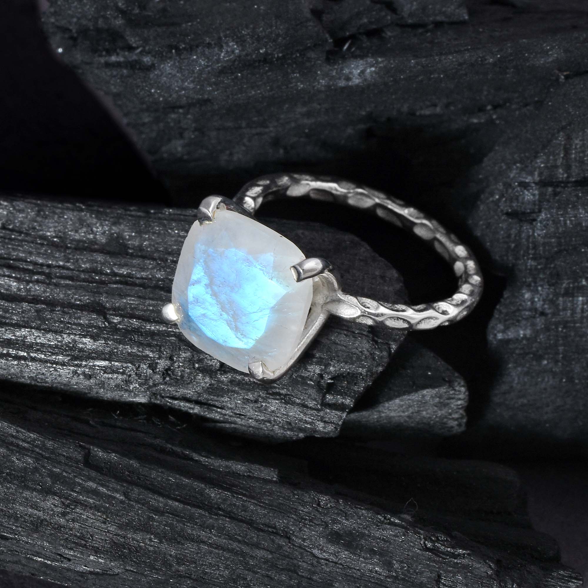 Luminous Moonstone Hammered Band Ring