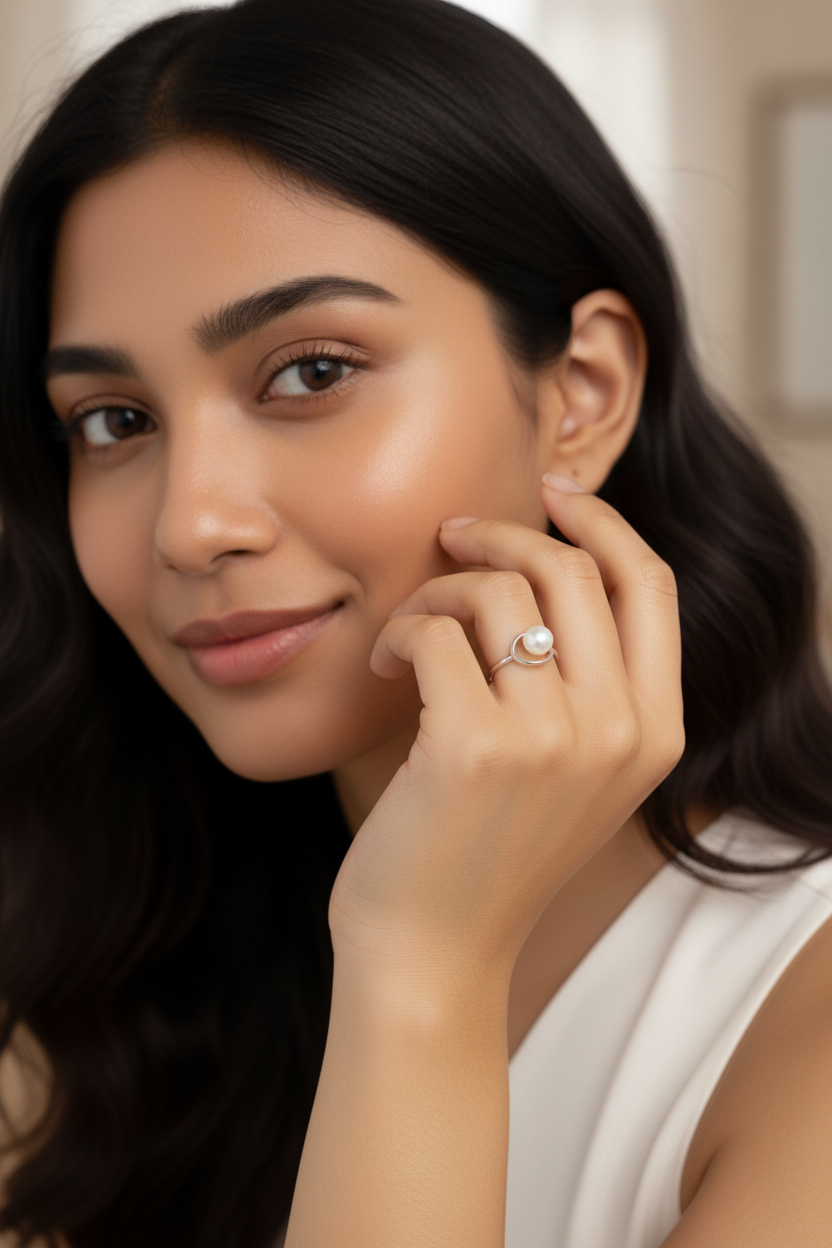 Floating Pearl Silver Adjustable Ring