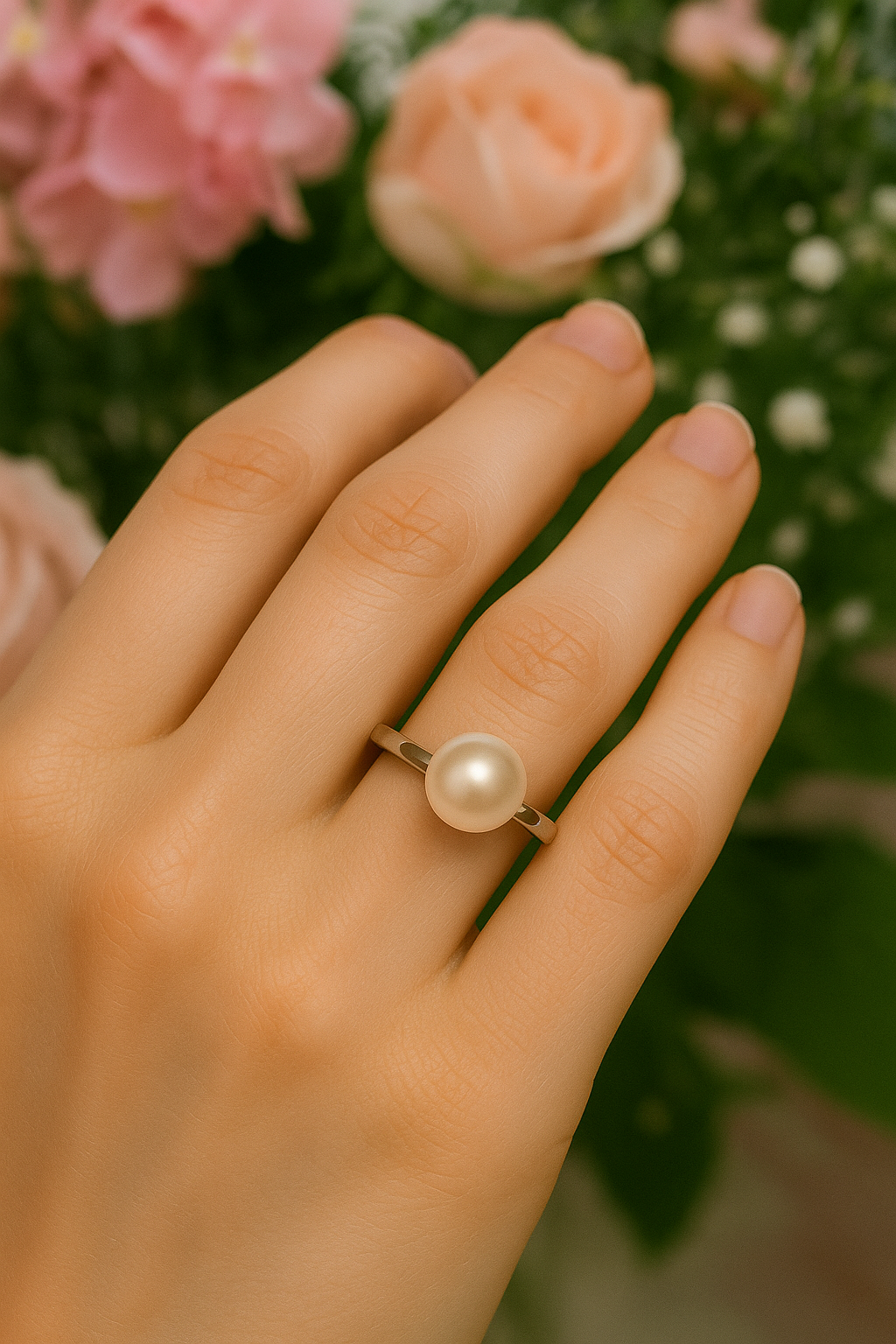 Dainty White Pearl Silver Statement Ring