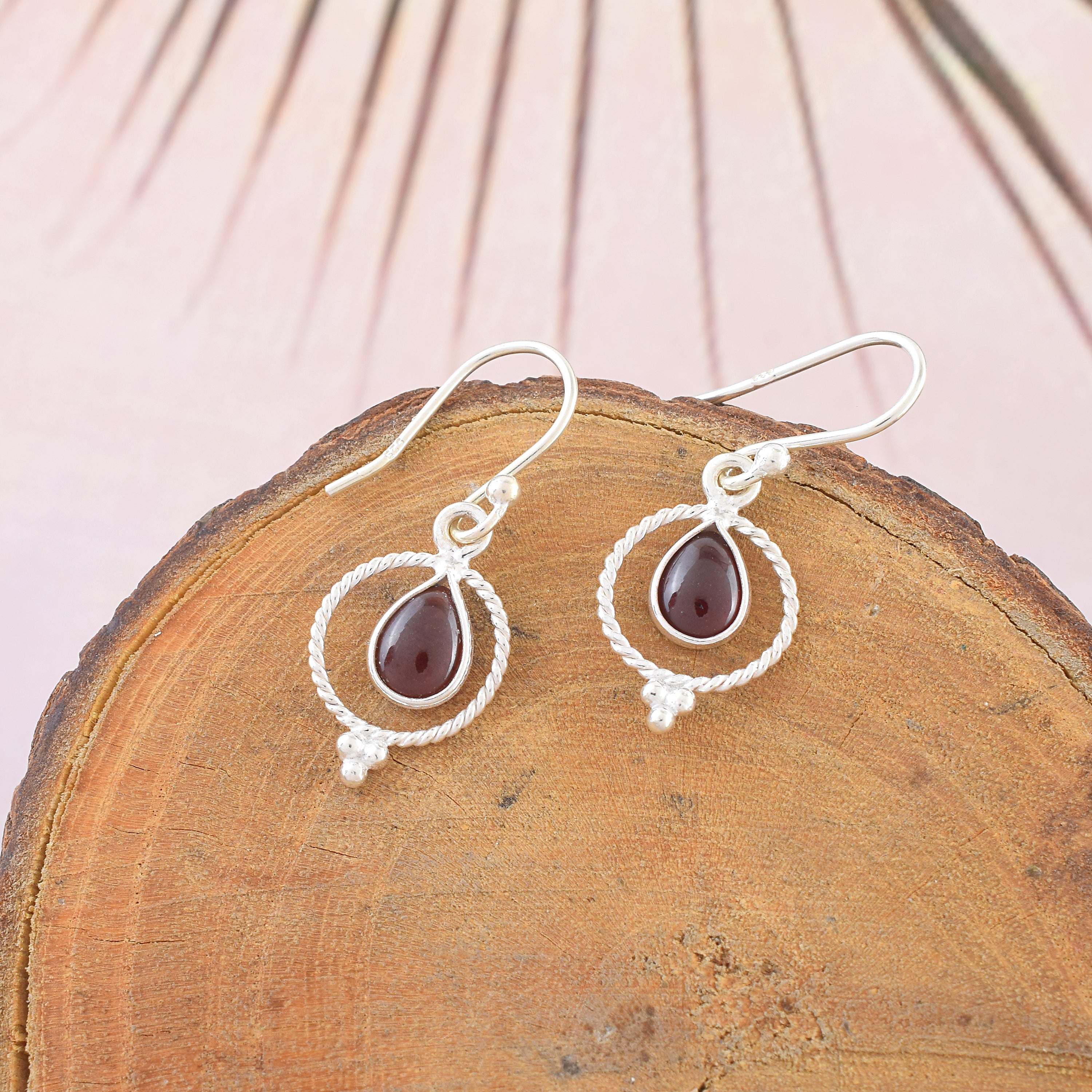 Red Garnet Twisted Circle Teardrop Dangles