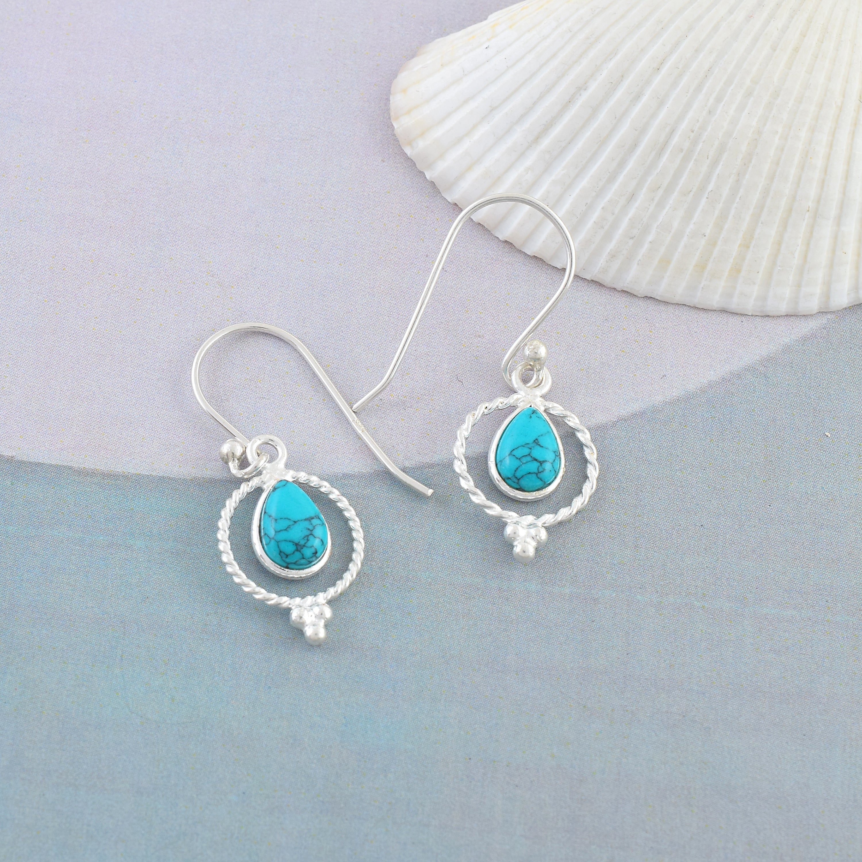 Sky Blue Silver Round Dangle Earrings