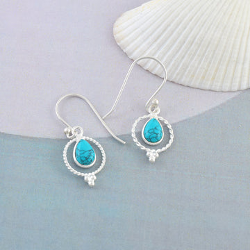 Sky Blue Silver Round Dangle Earrings