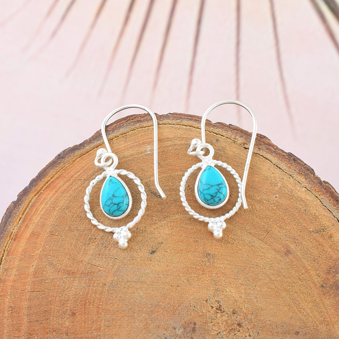 Sky Blue Silver Round Dangle Earrings