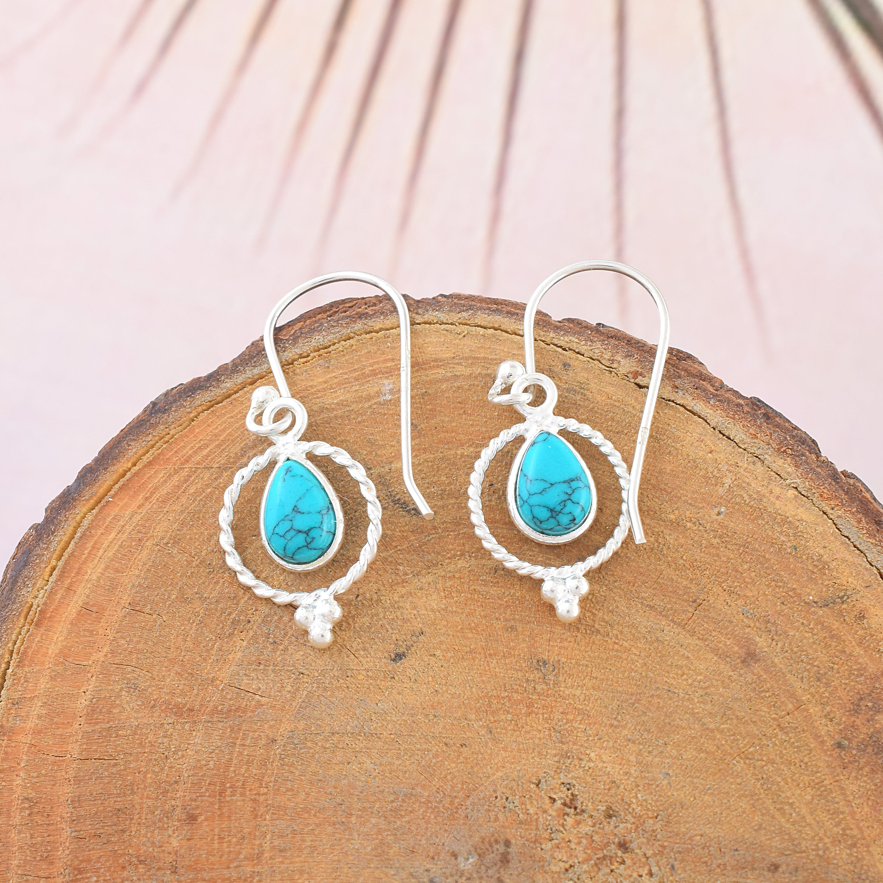Sky Blue Silver Round Dangle Earrings