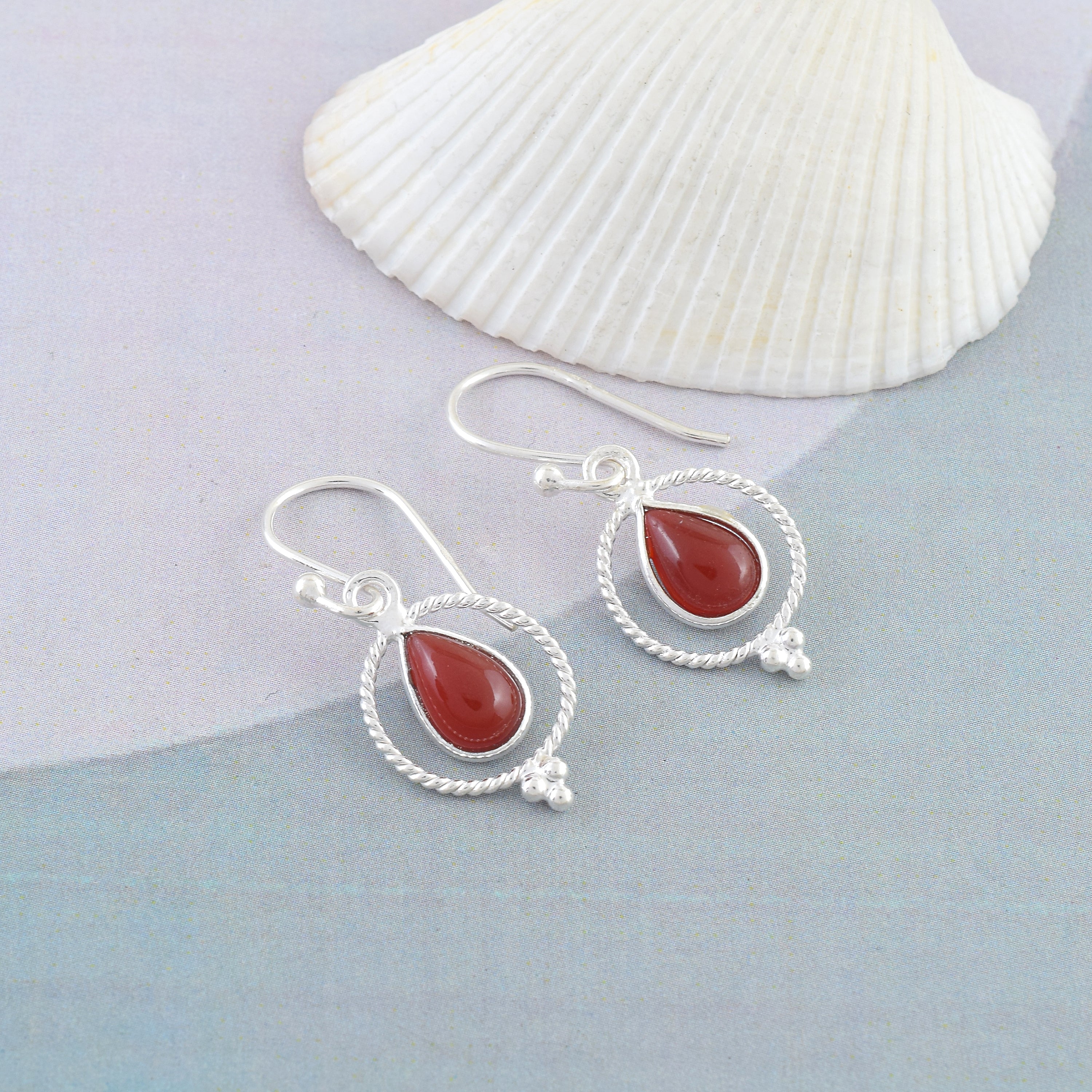 Carnelian Silver Twisted Dangle Earrings