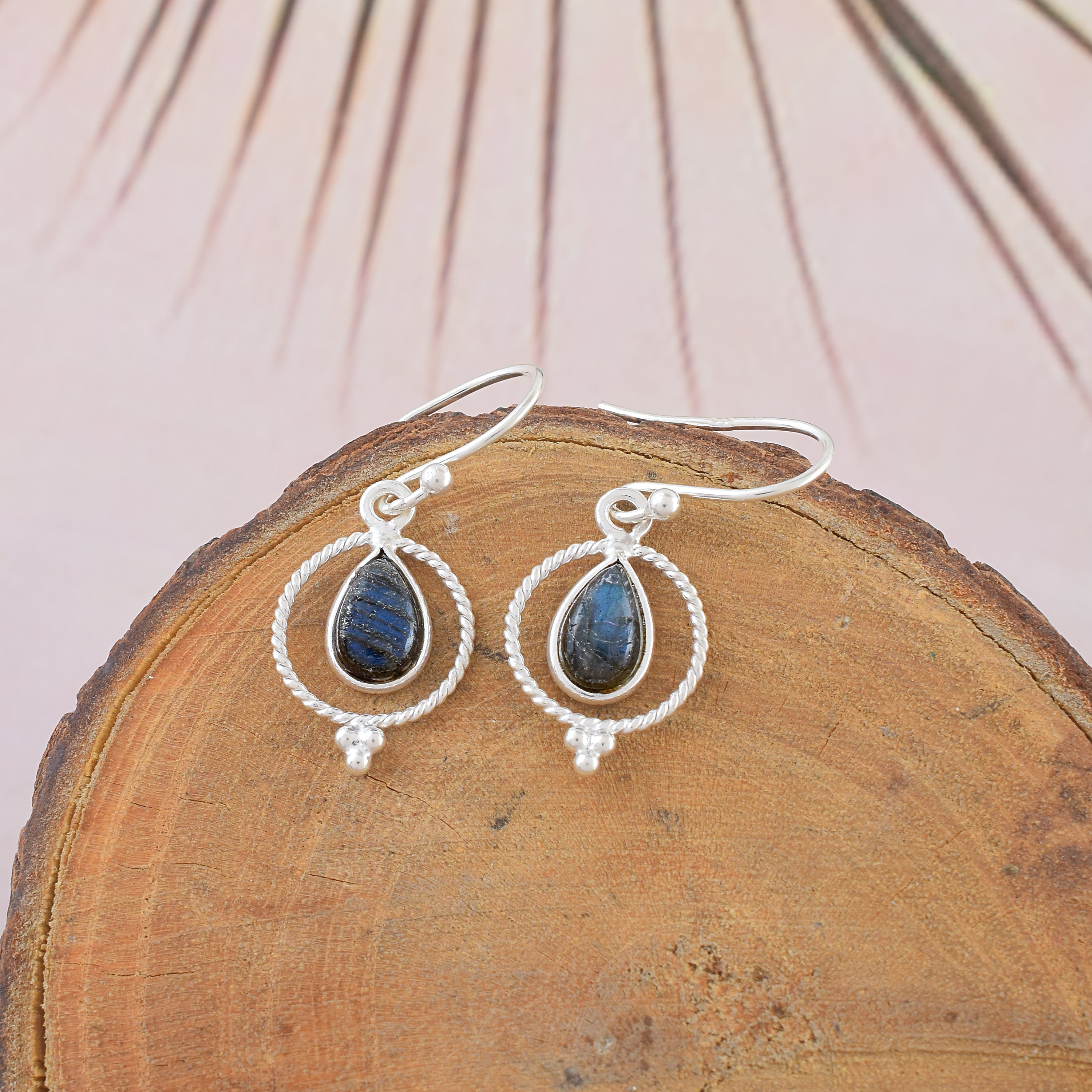Labradorite Gemstone Round Dangle Earrings