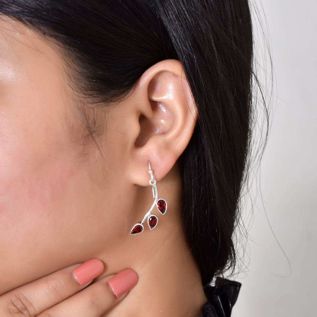 Garnet Triple Teardrop Leaf Earrings