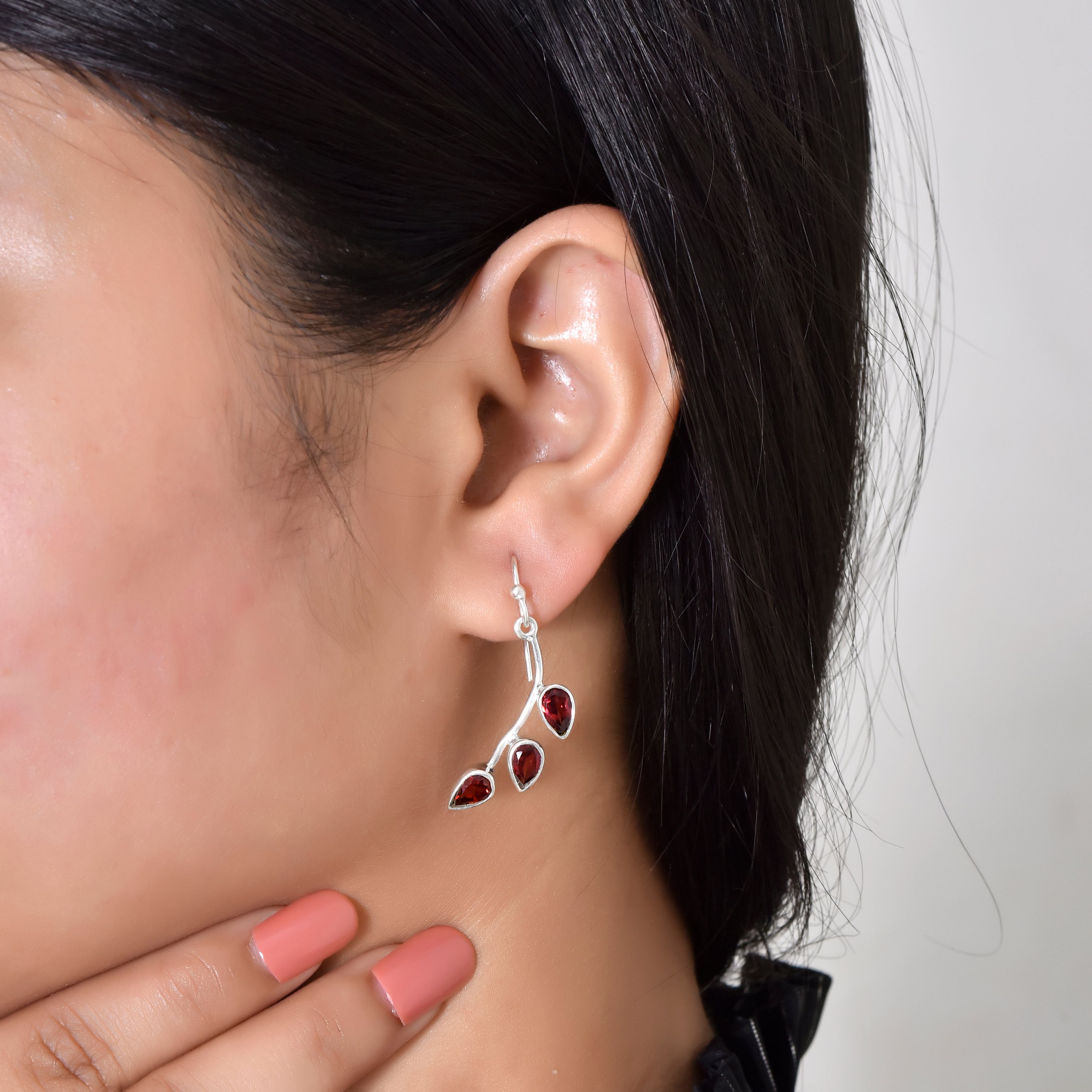 Garnet Triple Teardrop Leaf Earrings