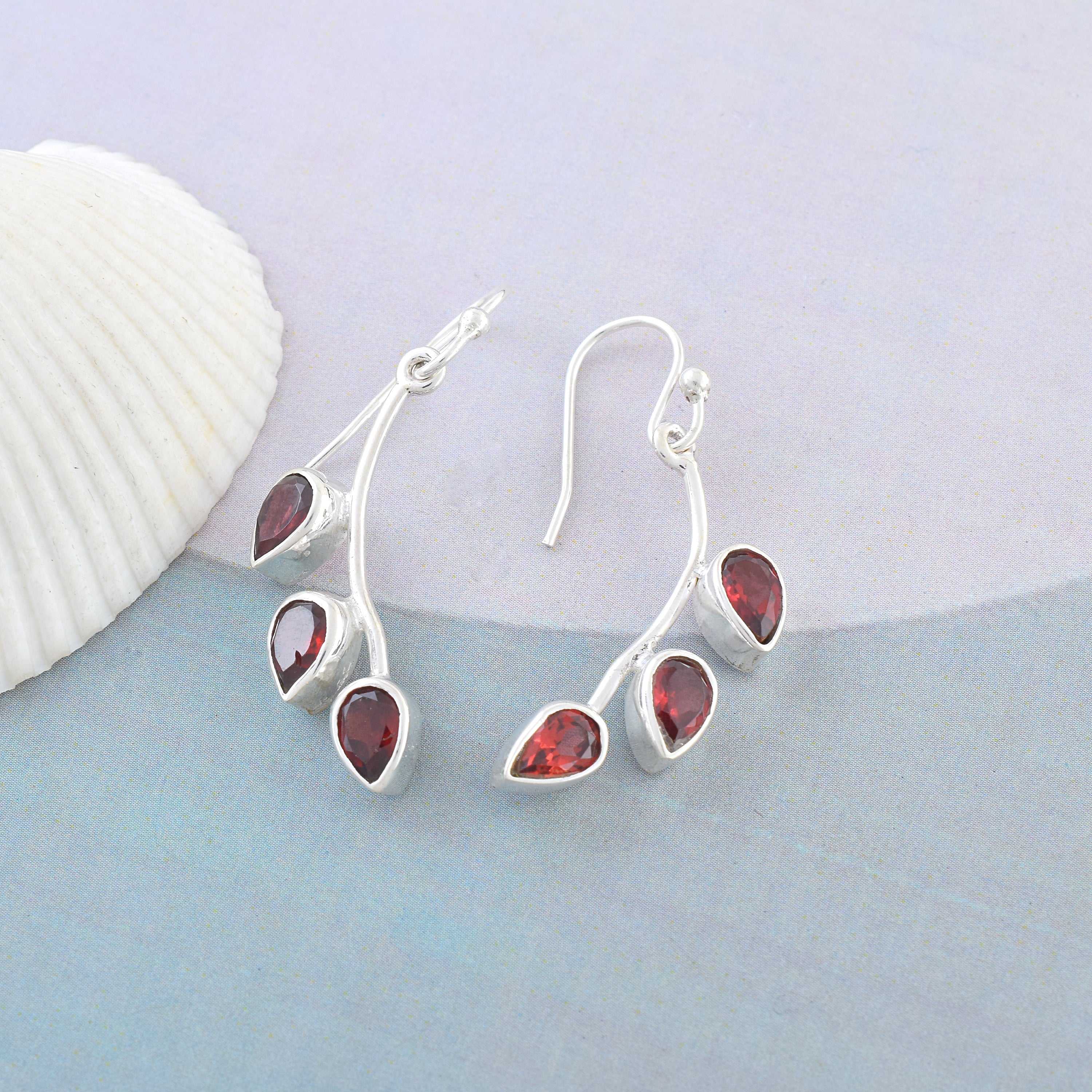 Garnet Triple Teardrop Leaf Earrings