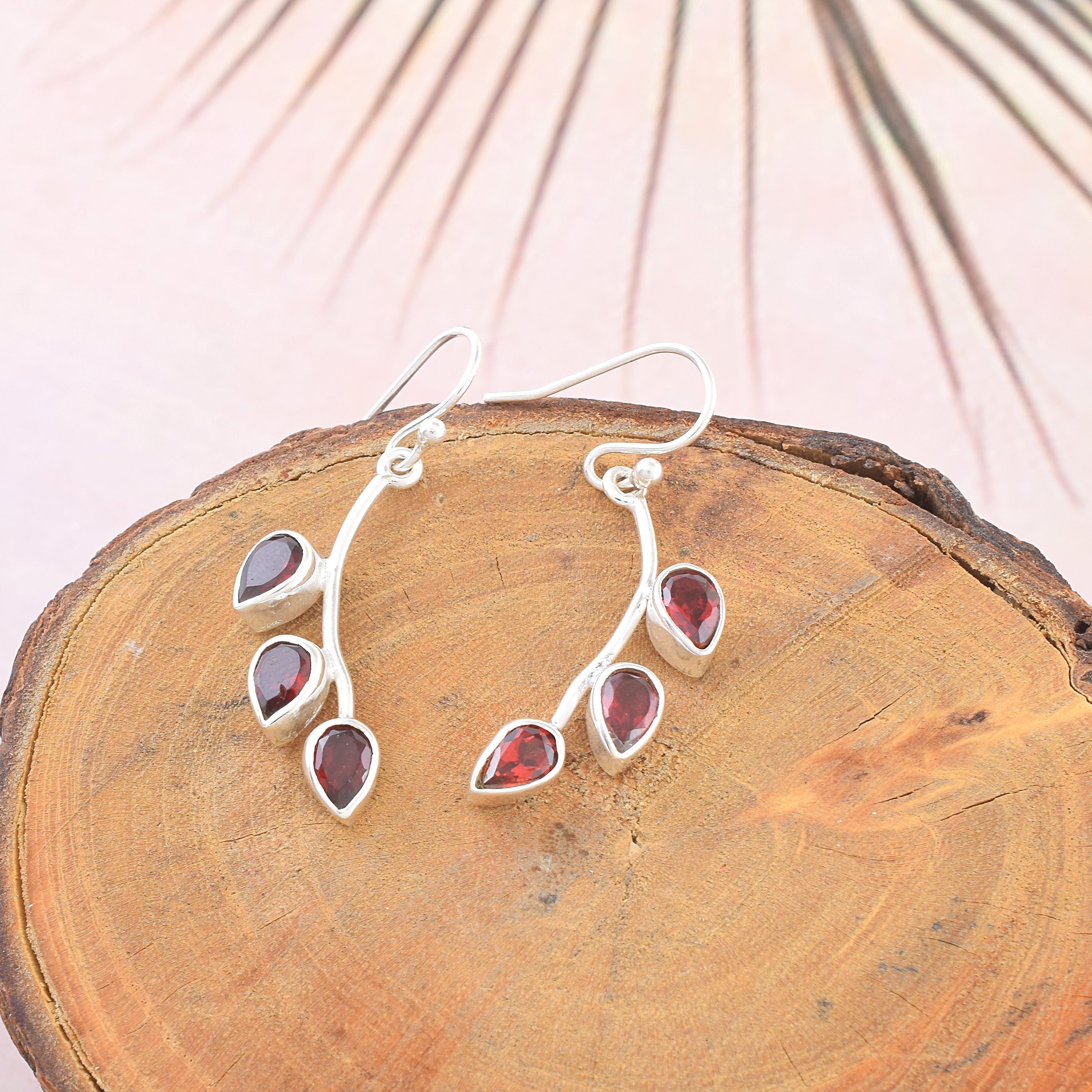 Garnet Triple Teardrop Leaf Earrings