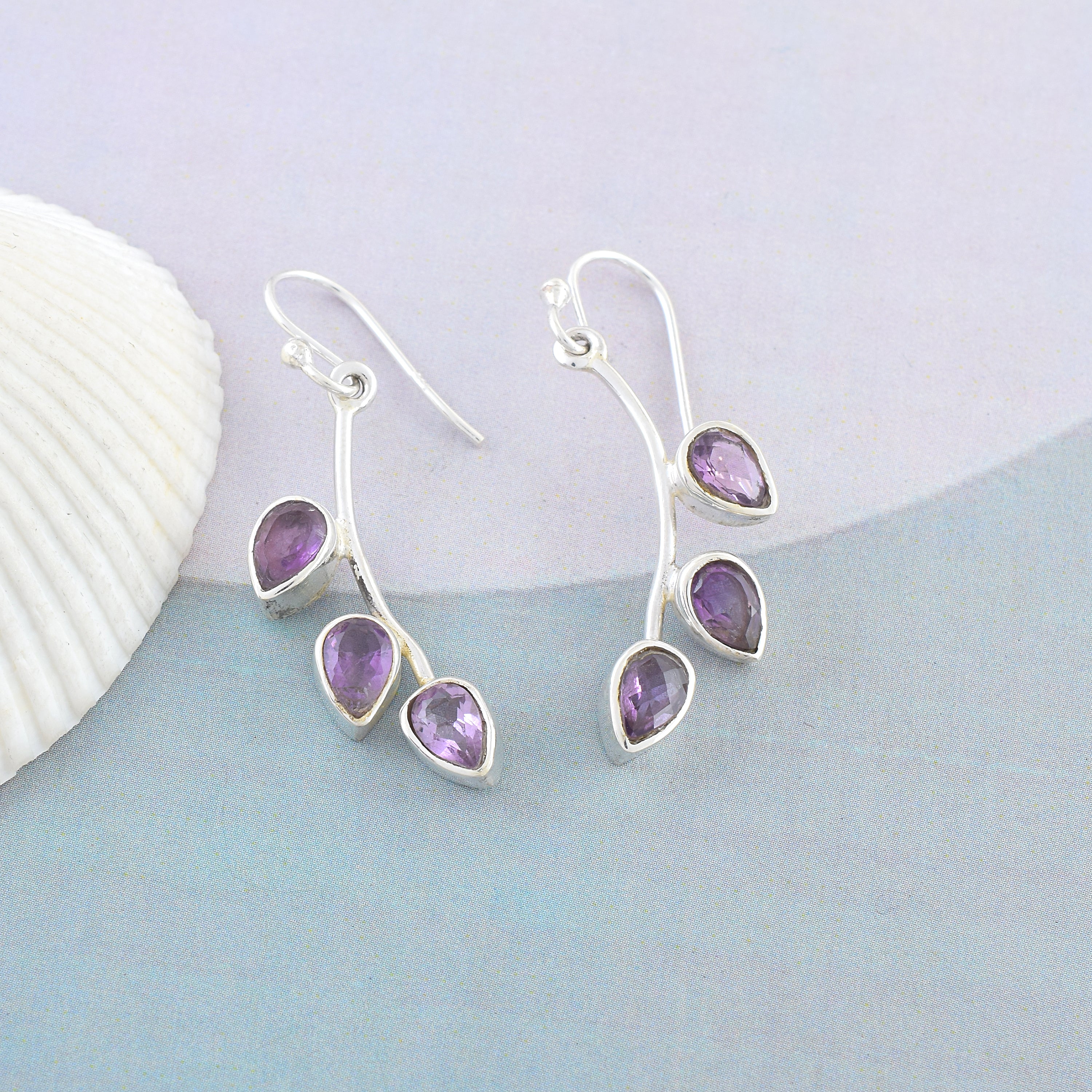 Amethyst Three-Stone Leaf Vine Drops