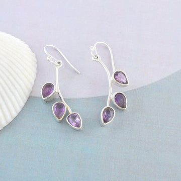 Amethyst Three-Stone Leaf Vine Drops