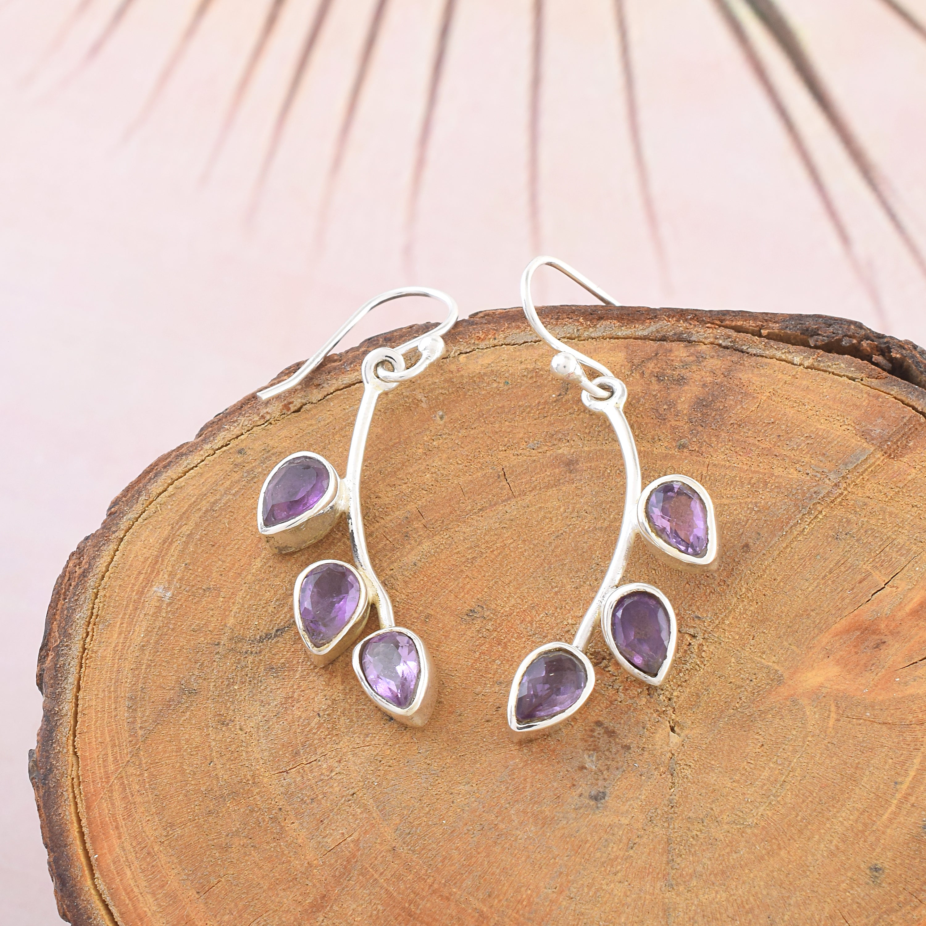 Amethyst Three-Stone Leaf Vine Drops
