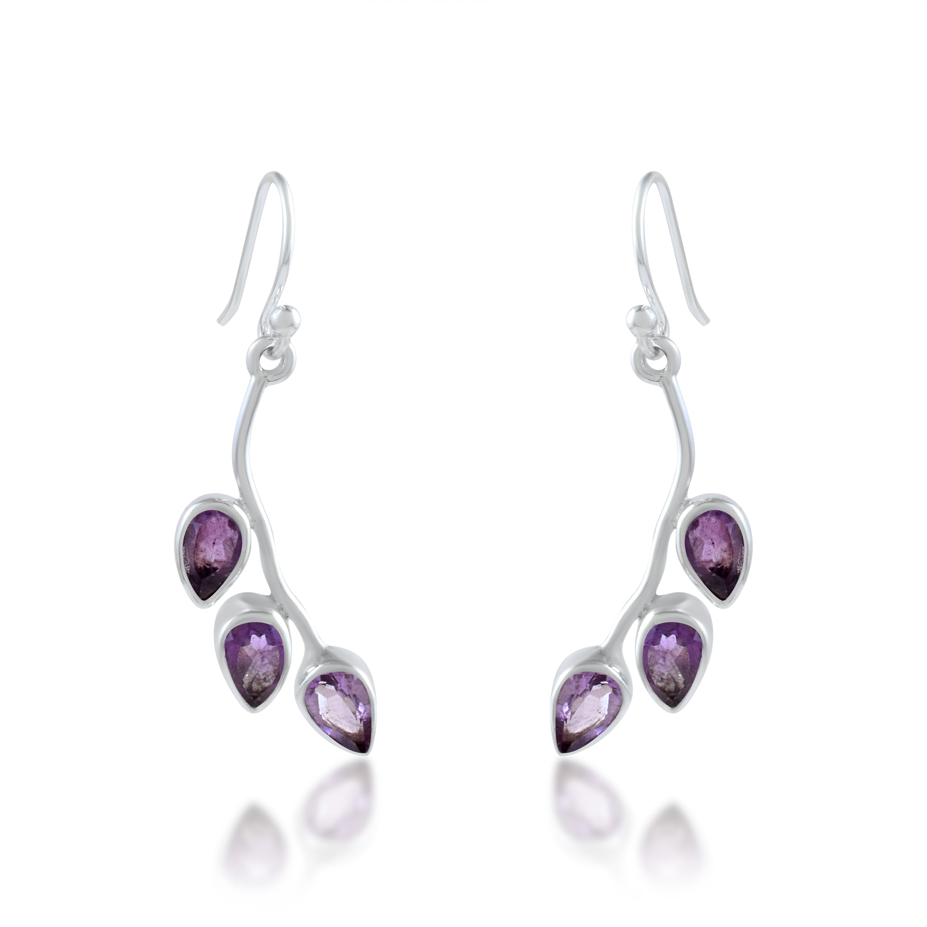 Amethyst Three-Stone Leaf Vine Drops