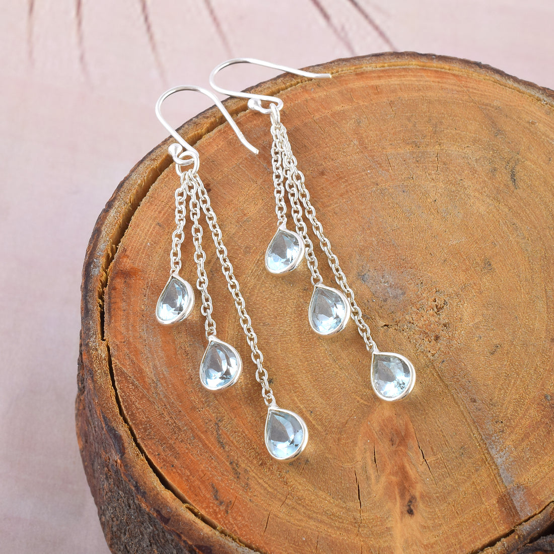 Natural Blue Topaz Silver Multi-Chain Earrings