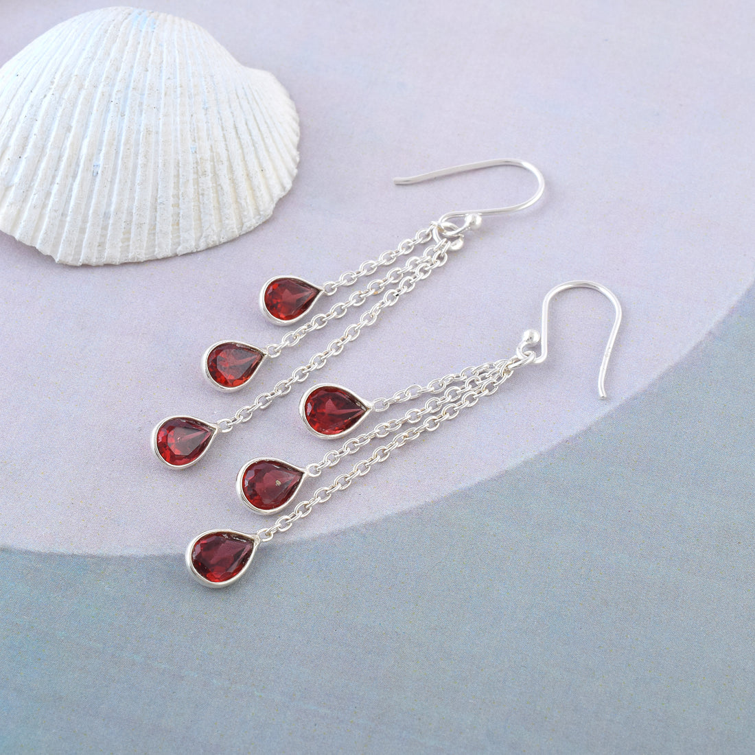 Natural Garnet Silver Multi-Chain Earrings