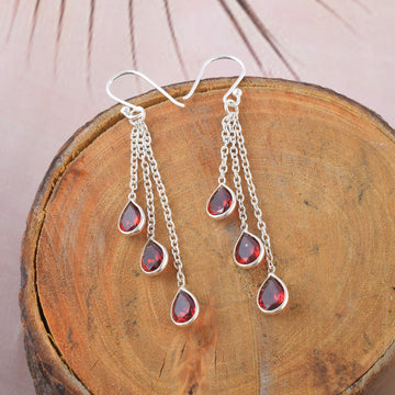 Natural Garnet Silver Multi-Chain Earrings