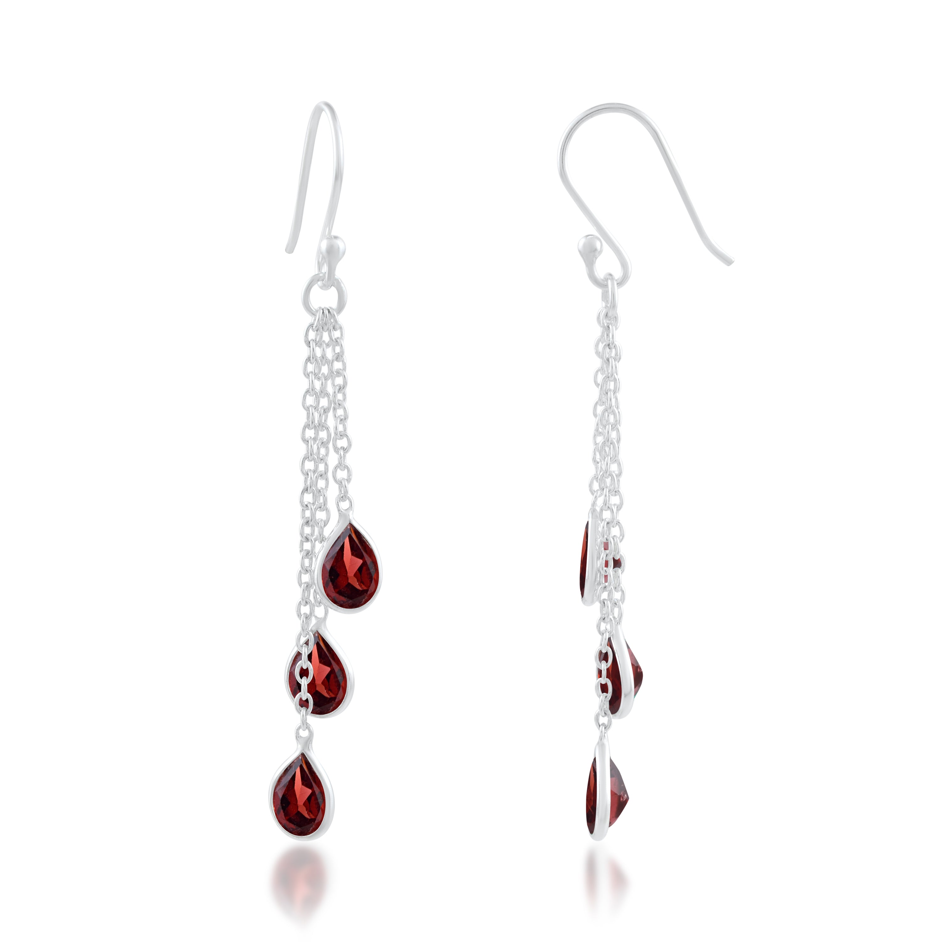 Natural Garnet Silver Multi-Chain Earrings