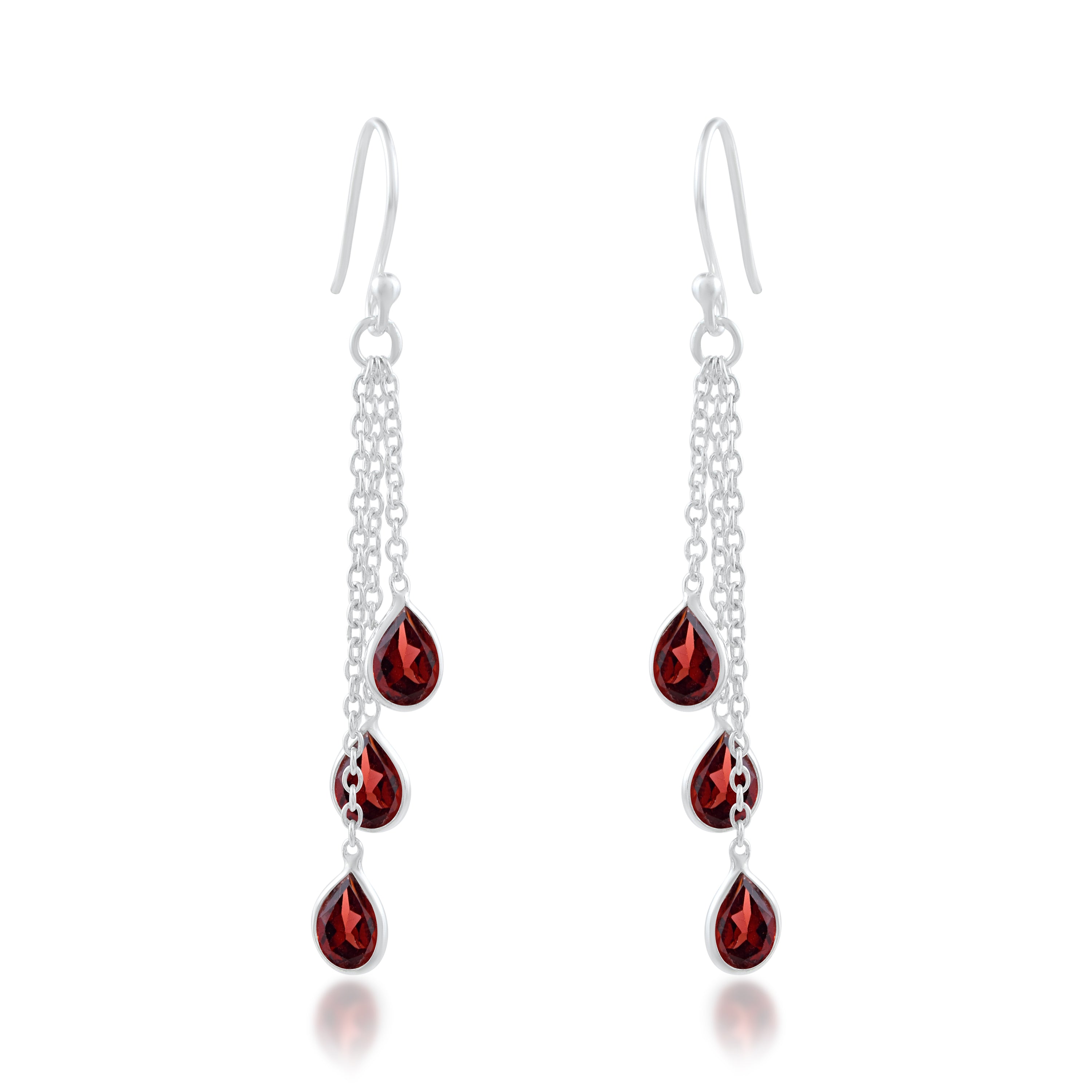 Natural Garnet Silver Multi-Chain Earrings