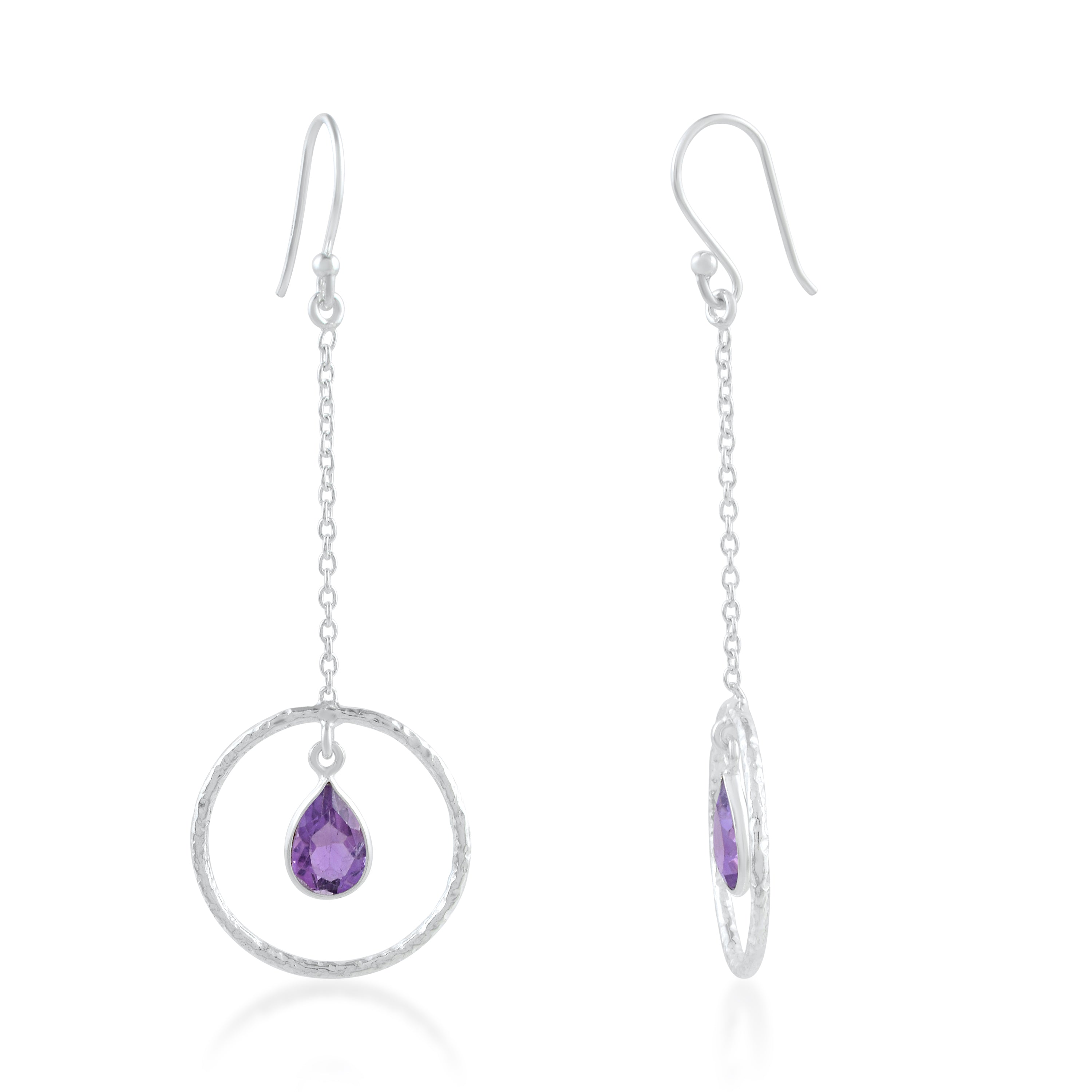 Natural Amethyst Hammered Circle Earrings