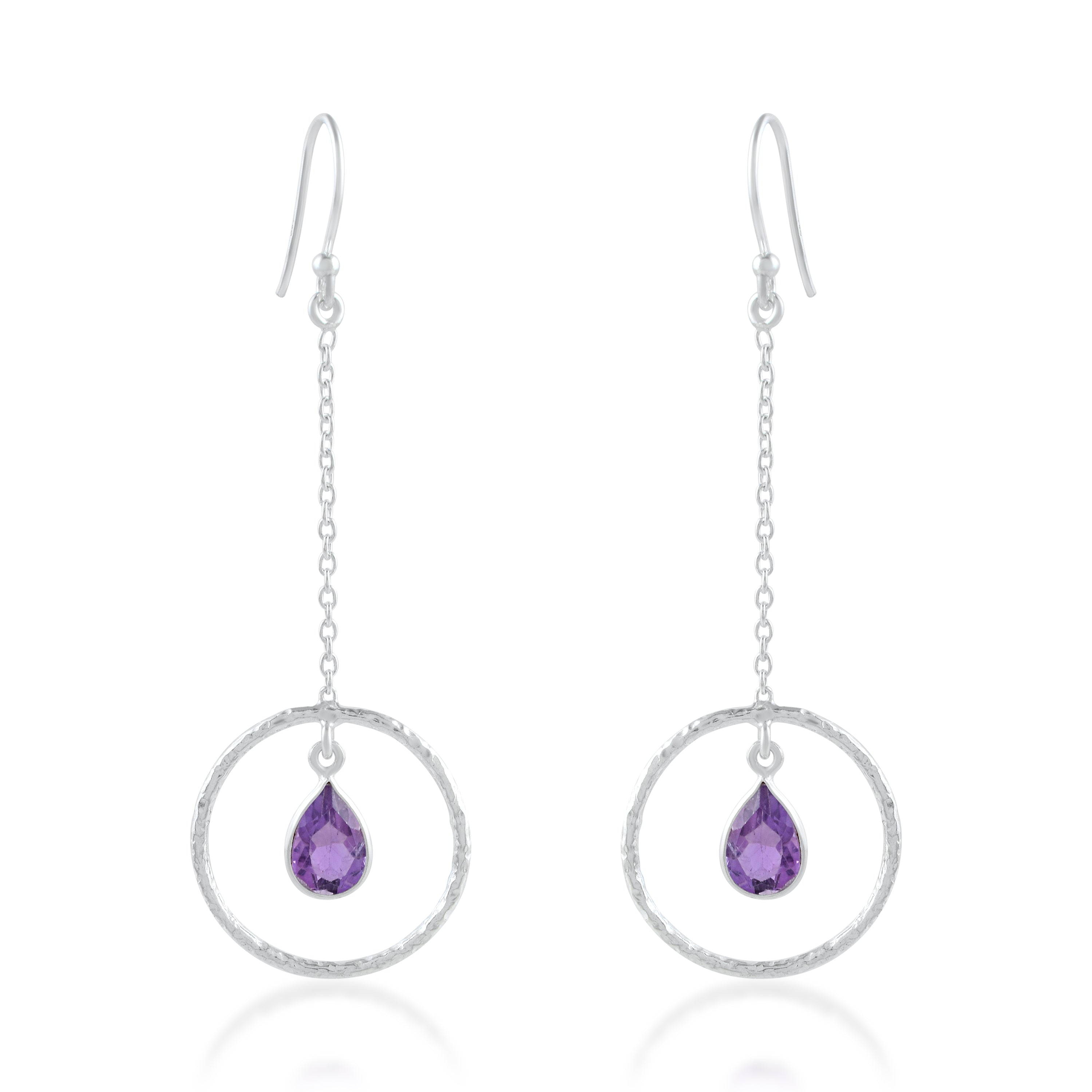 Natural Amethyst Hammered Circle Earrings