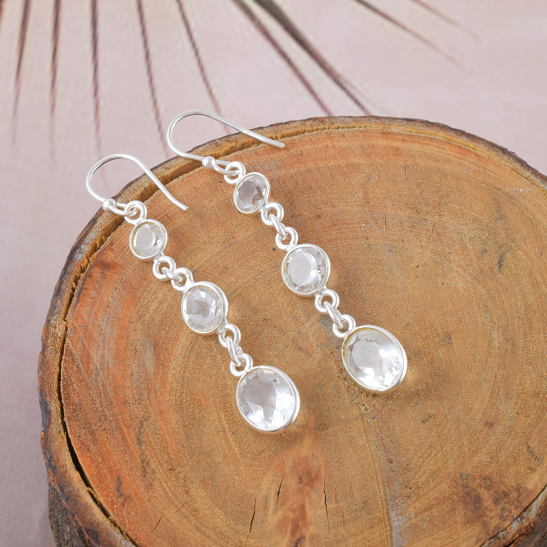 Icy Crystal Quartz Triple-Stone Dangles