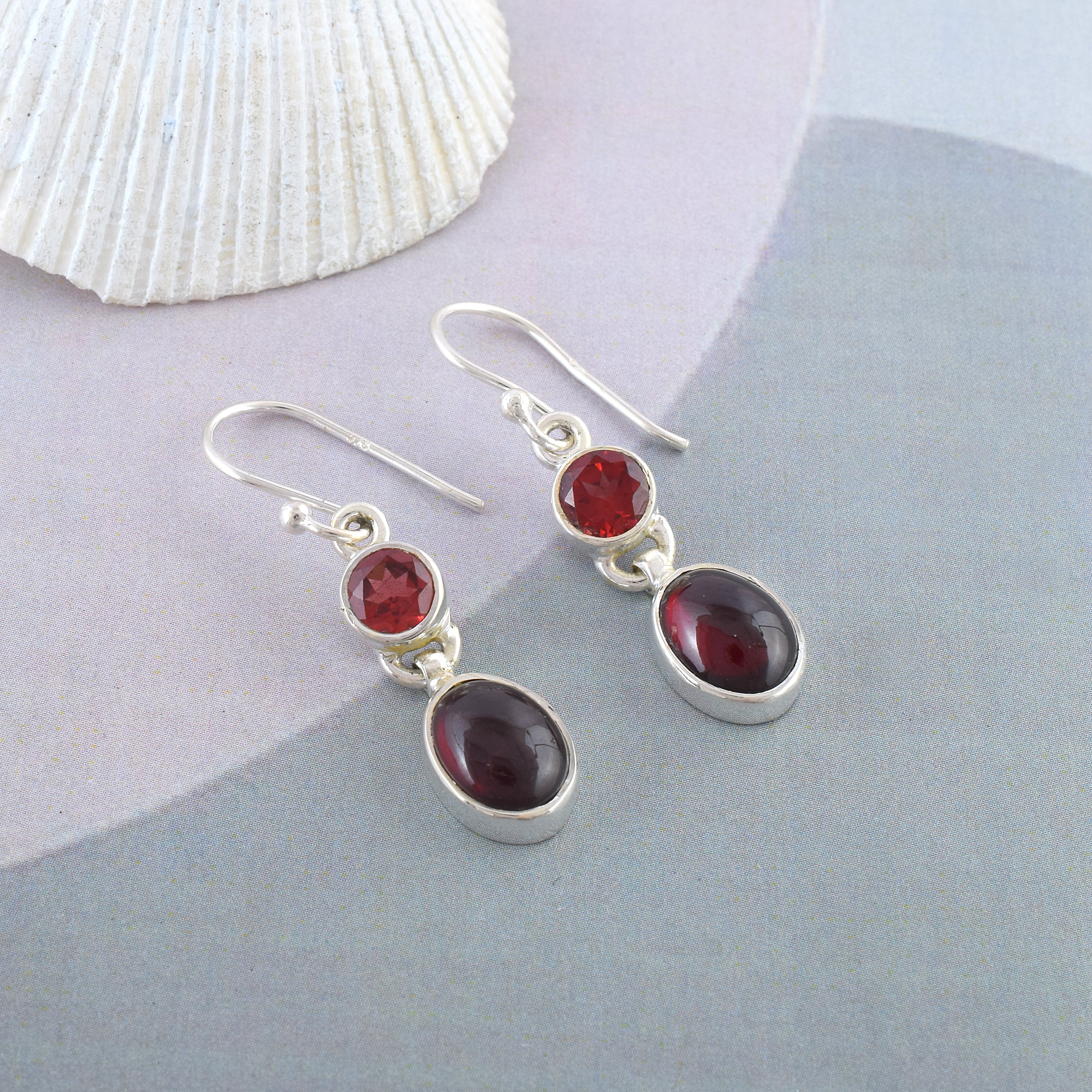 Natural Red Garnet Dual-Stone Silver Earrings