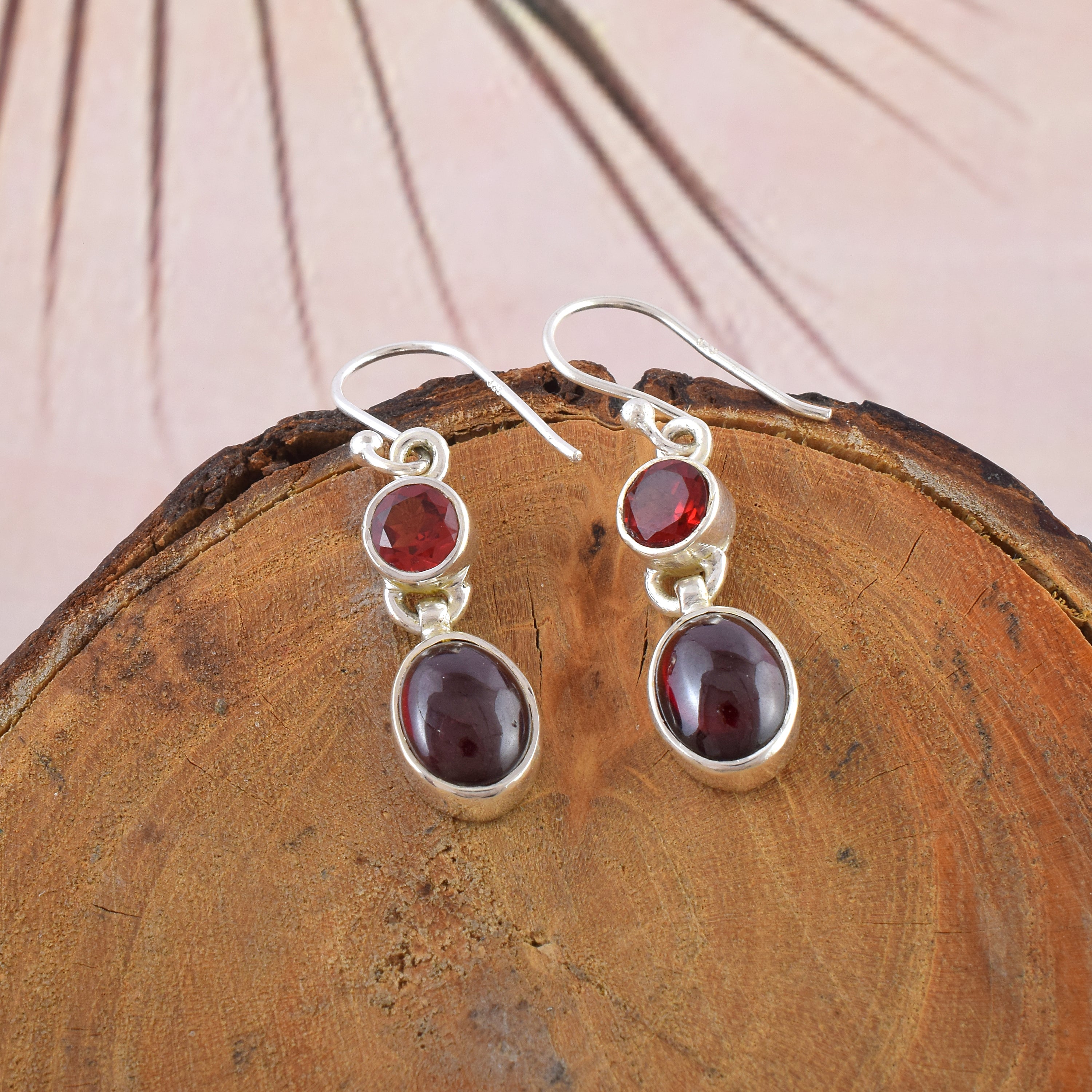 Natural Red Garnet Dual-Stone Silver Earrings