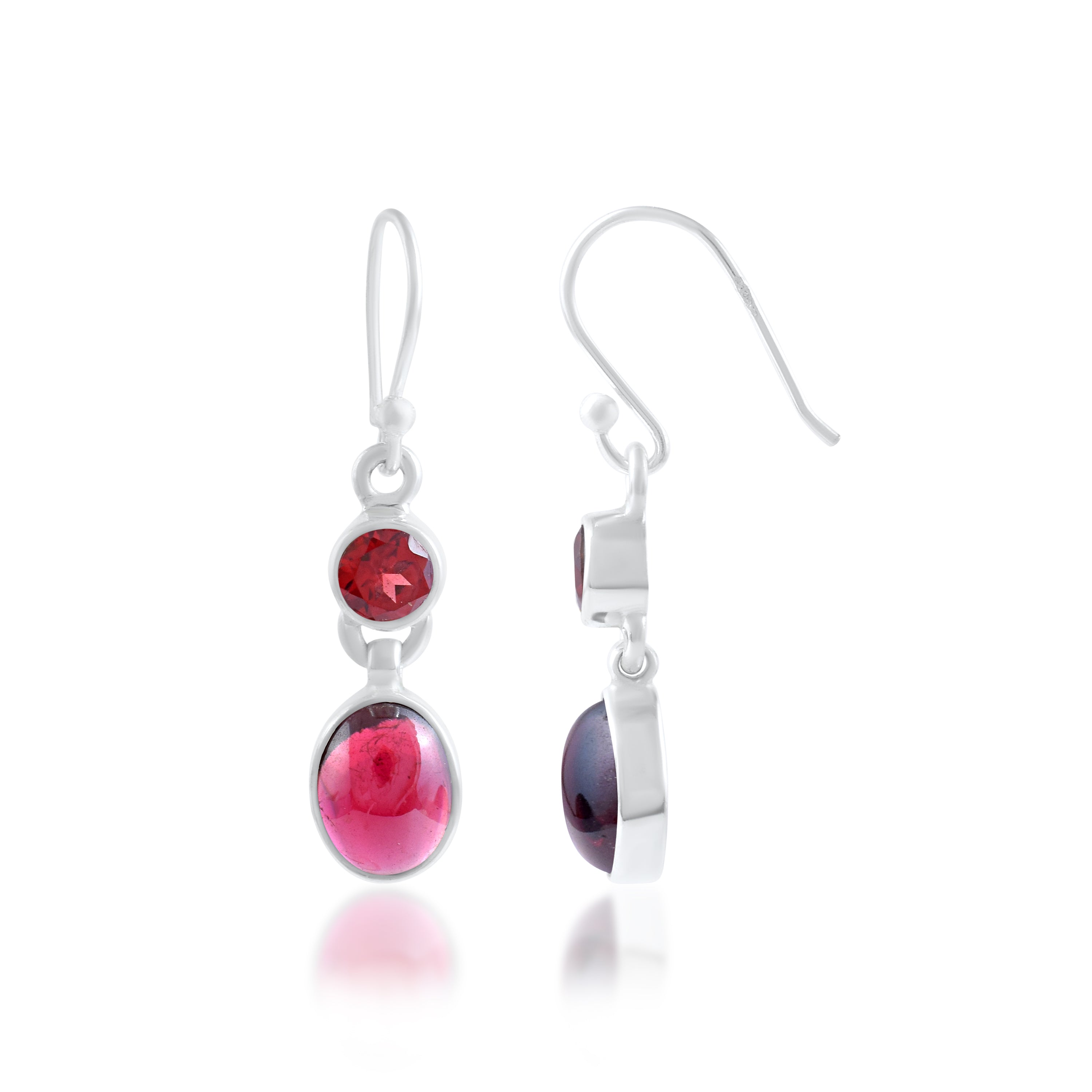 Natural Red Garnet Dual-Stone Silver Earrings