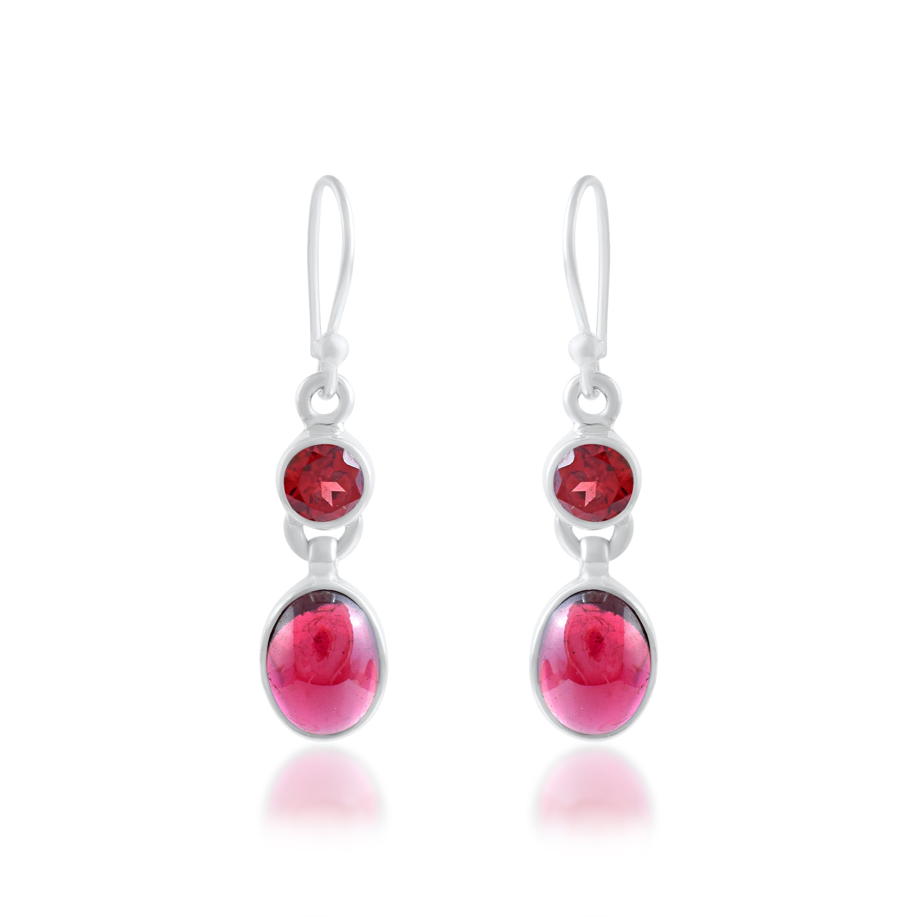 Natural Red Garnet Dual-Stone Silver Earrings