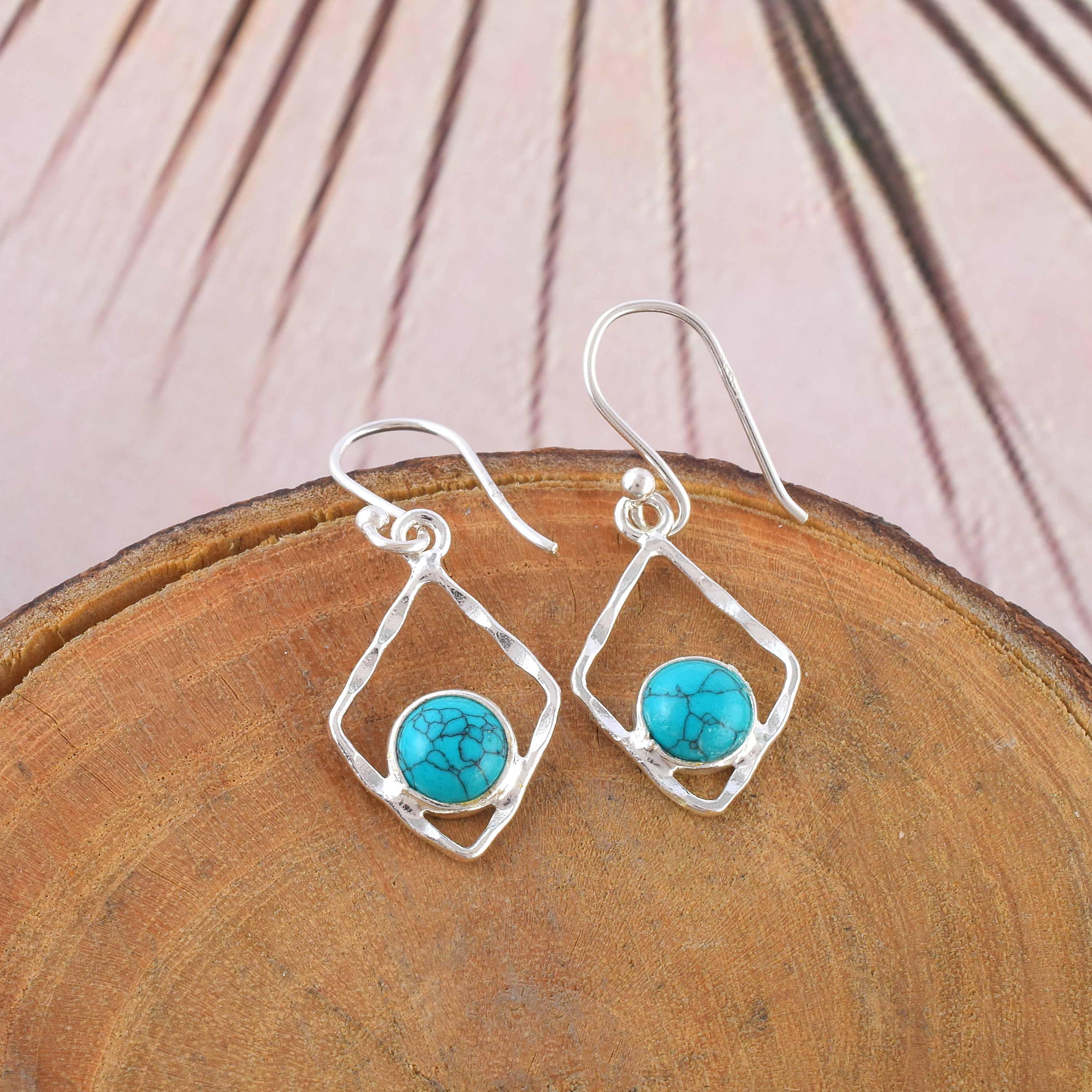 Modern Turquoise Rhombus Silver Earrings