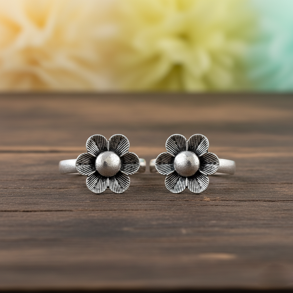Vintage Floral Oxidized Silver Toe Rings