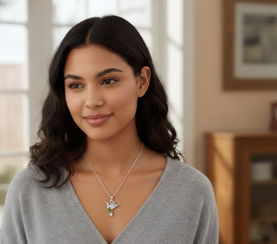 Green Peridot Bird Silver Necklace