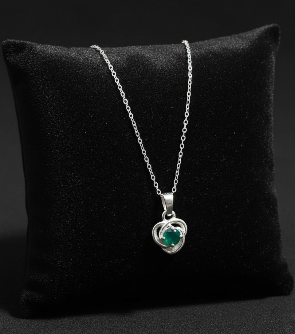 Natural Green Onyx Floral Silver Necklace