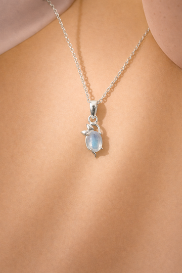 Minimalist Moonstone Silver Petal Necklace