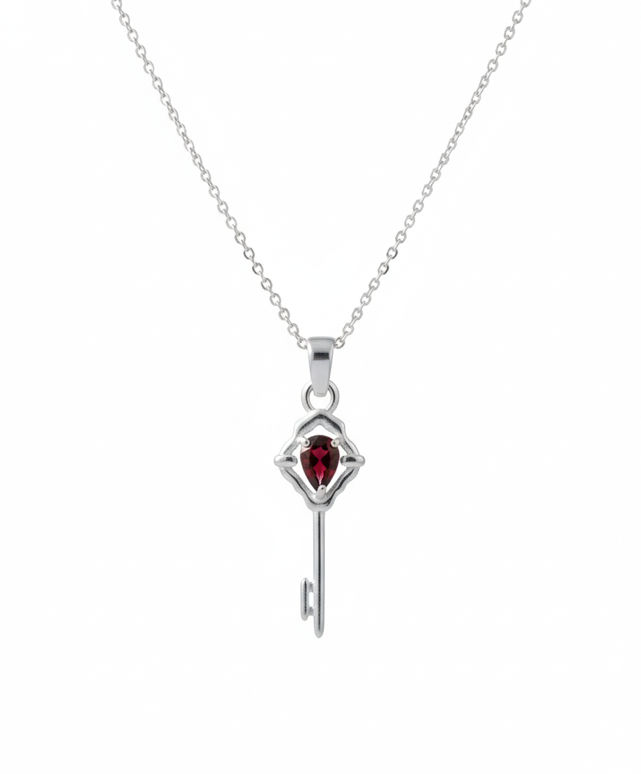 Natural Garnet Sterling Silver Key Necklace