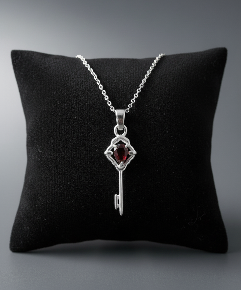 Natural Garnet Sterling Silver Key Necklace