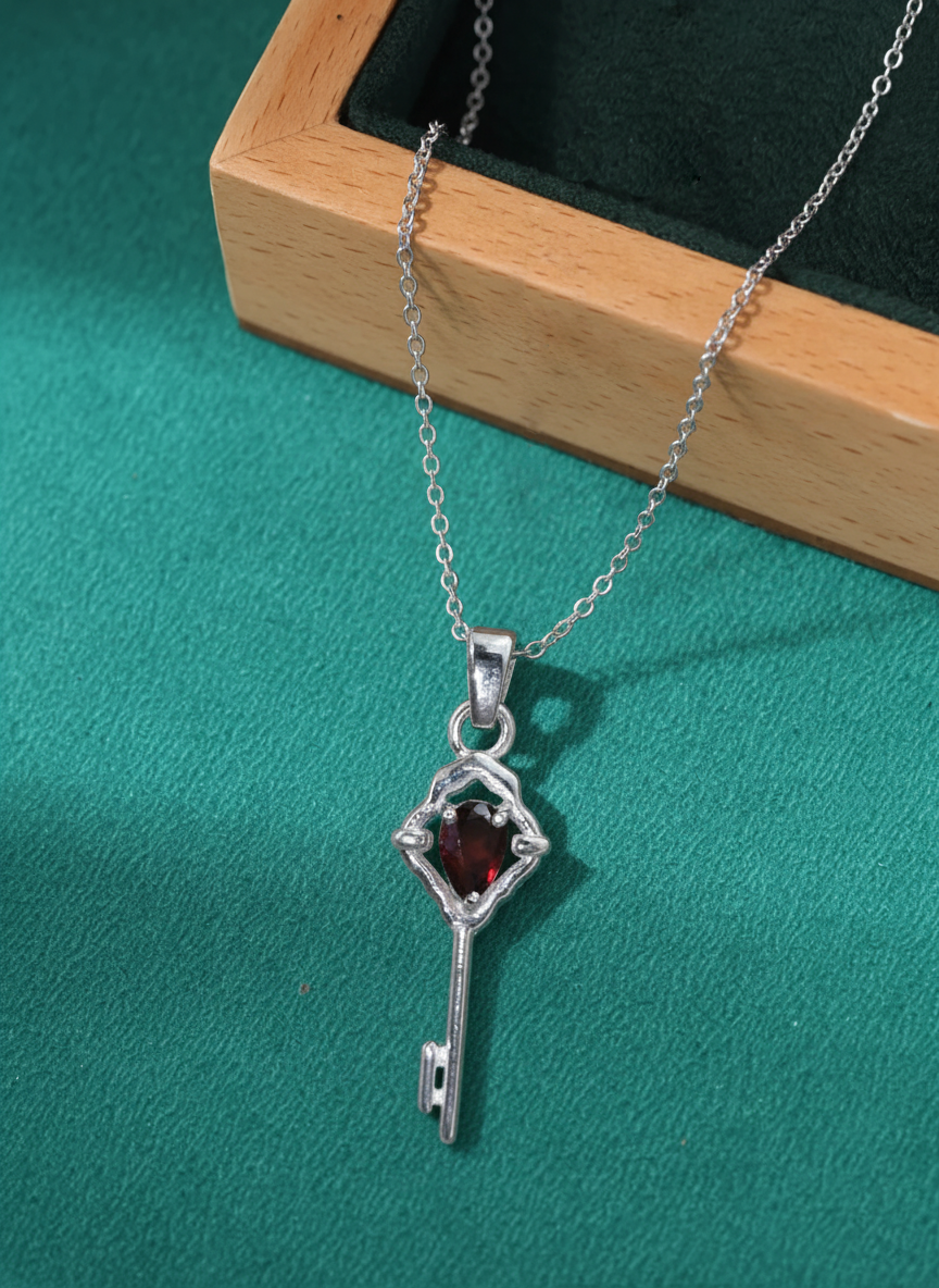 Natural Garnet Sterling Silver Key Necklace