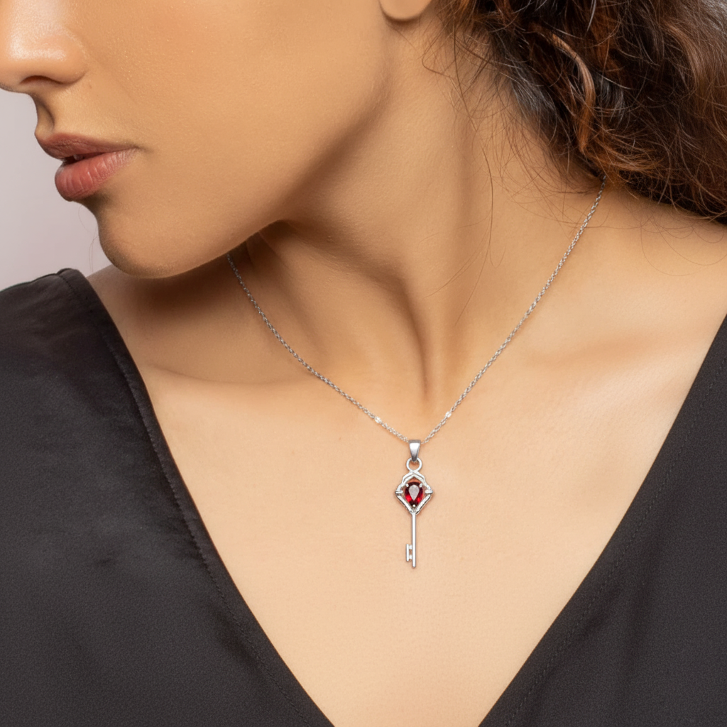 Natural Garnet Sterling Silver Key Necklace