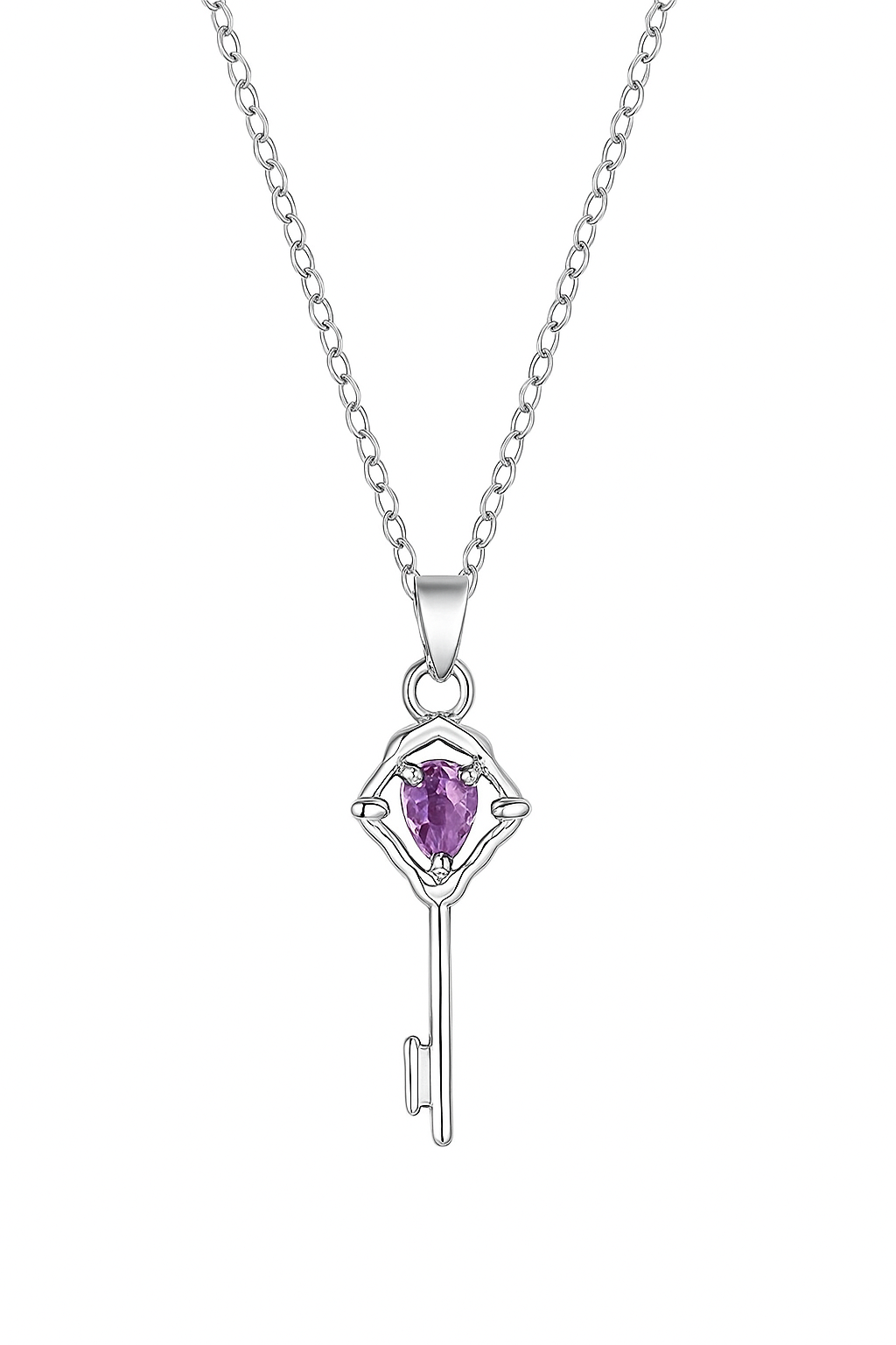 Natural Amethyst Silver Key Necklace