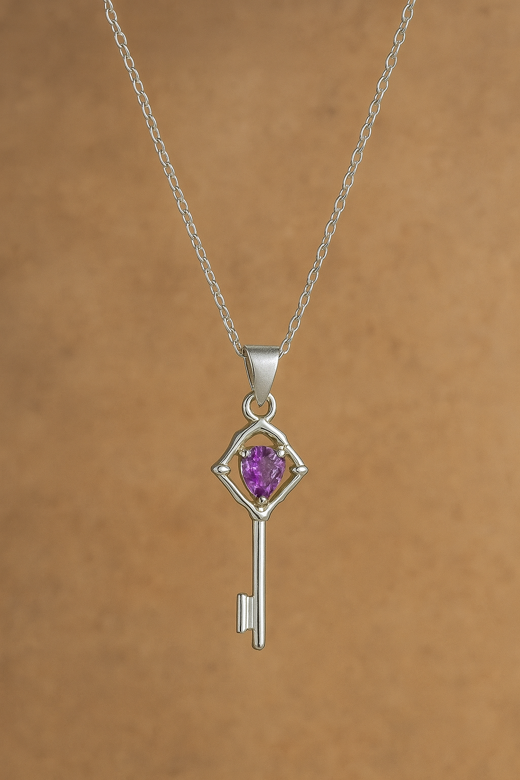 Natural Amethyst Silver Key Necklace
