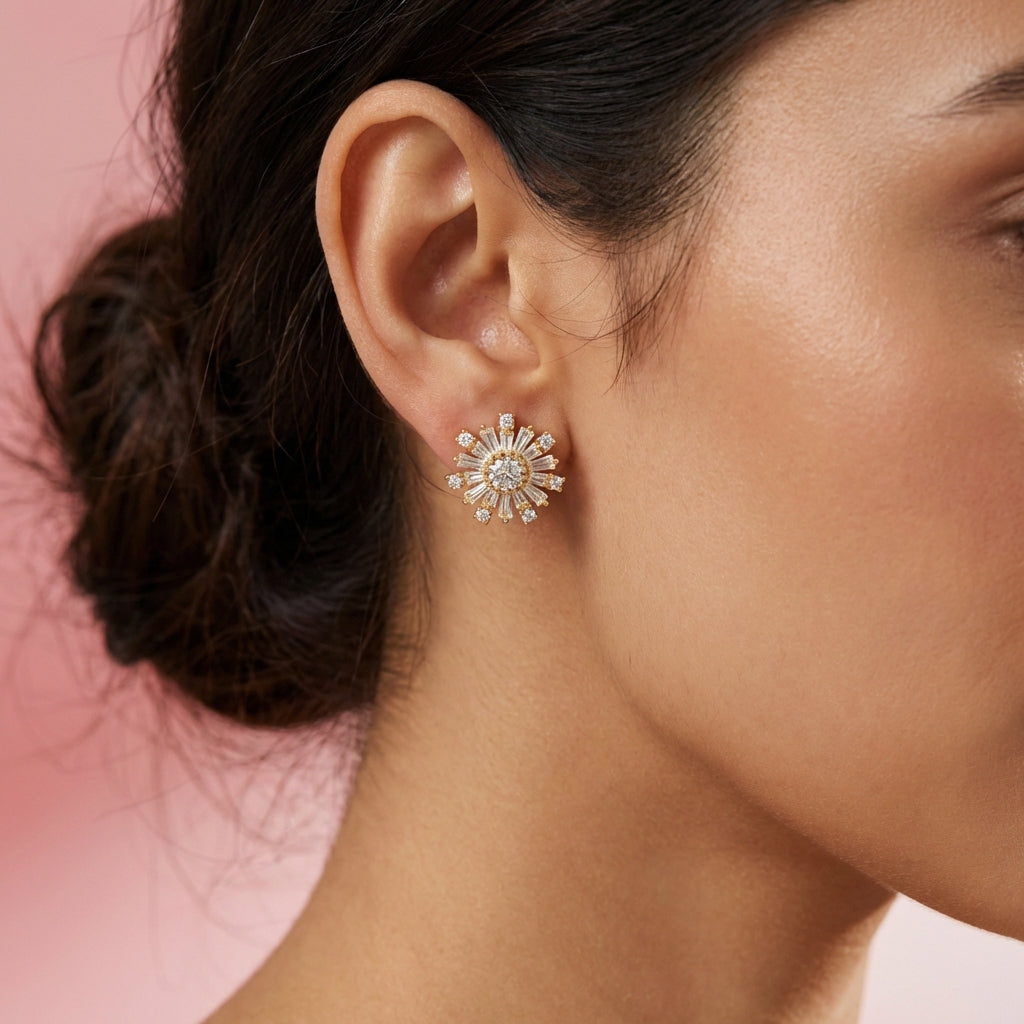 Gold Plated Floral Diamond Stud Earrings for Women