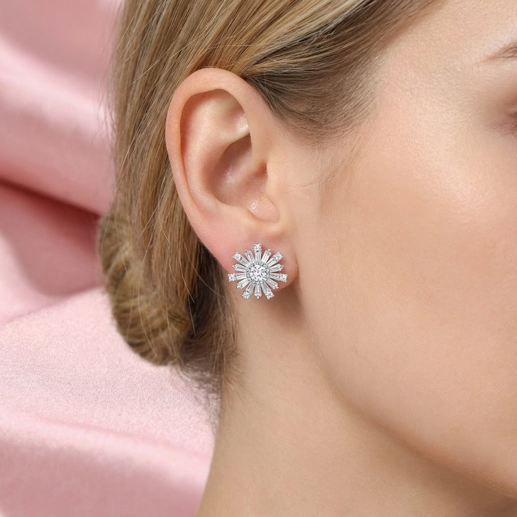 Floral Cubic Zirconia Silver Studs