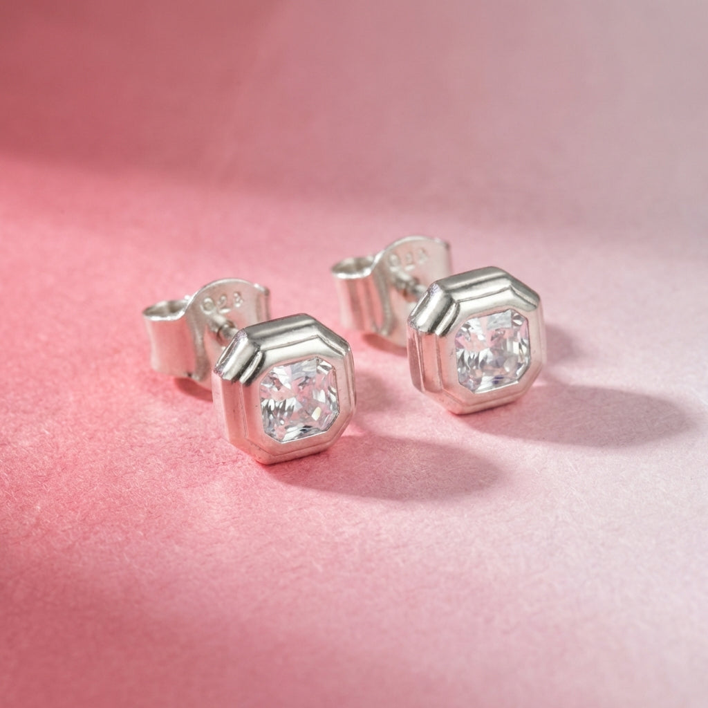 Silver Cubic Zirconia Square Studs