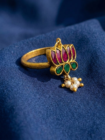 Lotus Kundan Pearl Drop Ring